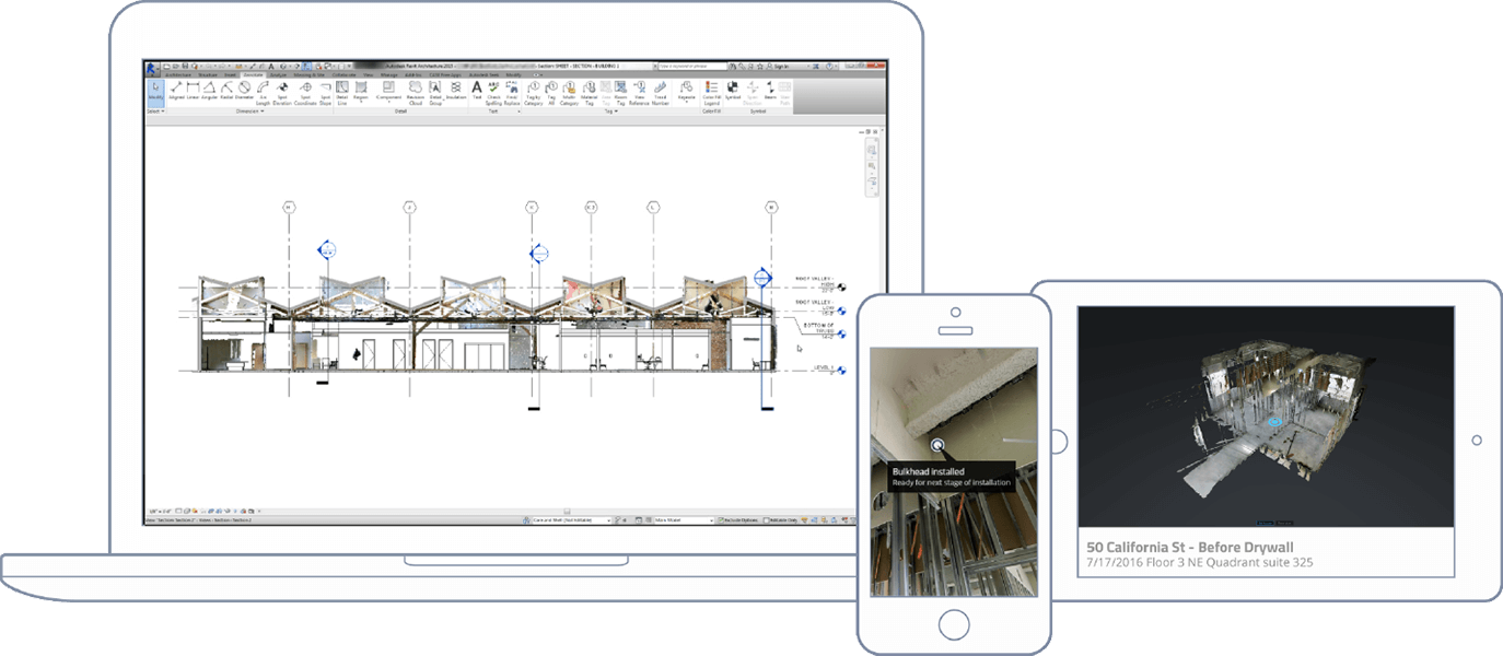 Construction documentation visible across desktop, mobile, and tablets